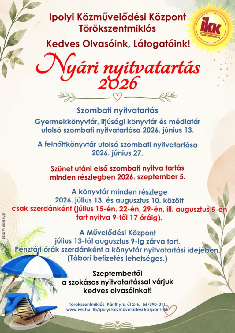 Ipolyi Közművelődési Központ nyári nyitvatartása - 2026
